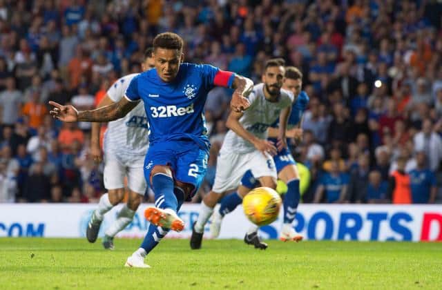 James Tavernier's first European goal for Rangers came from the penalty spot against Macedonian side Shkupi in a Europa League qualifier at Ibrox in July 2018. (Photo by Craig Foy/SNS Group).