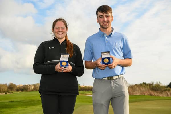 Lorna McClymont (University of Stirling) and Eoin Sullivan (Trinty College) celebrate their respective success in the Spanish leg of the R&A Student Tour Series. Picture: R&A