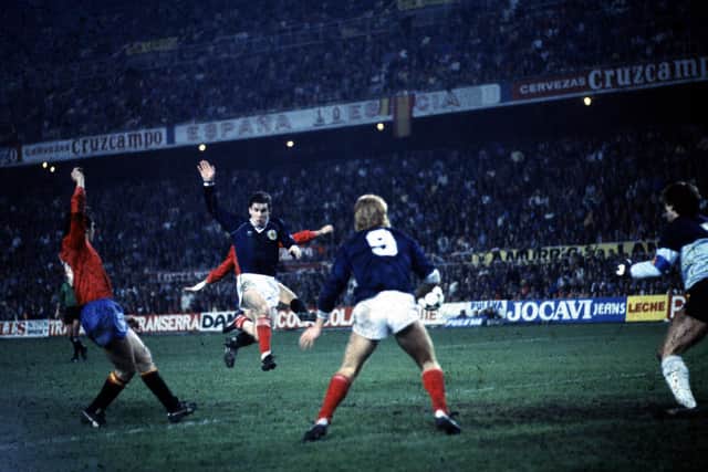 Albiston in action for Scotland against Spain in 1985.