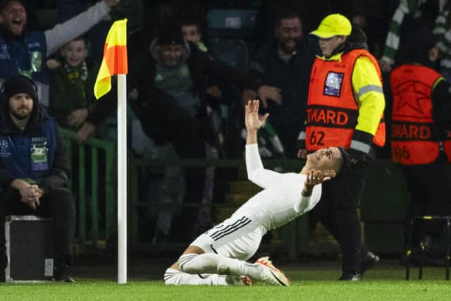 Celtic's Luis Palma celebrates in vain for a goal subsequently ruled out by VAR, with his manager Brendan Rodgers declaring the players will become "better and better" as he "gets up to speed" with the demands of his new club. (Photo by Paul Devlin / SNS Group)
