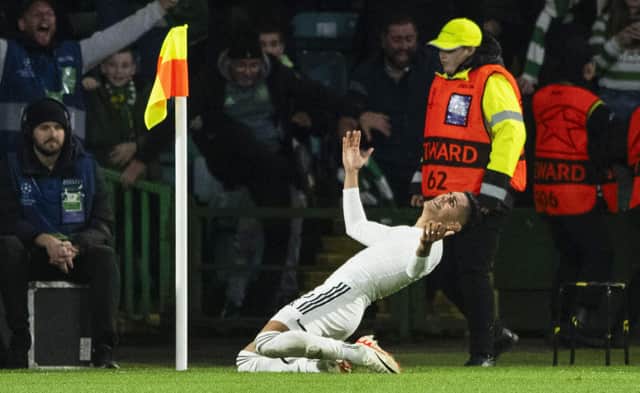Celtic's Luis Palma celebrates in vain for a goal subsequently ruled out by VAR, with his manager Brendan Rodgers declaring the players will become "better and better" as he "gets up to speed" with the demands of his new club. (Photo by Paul Devlin / SNS Group)