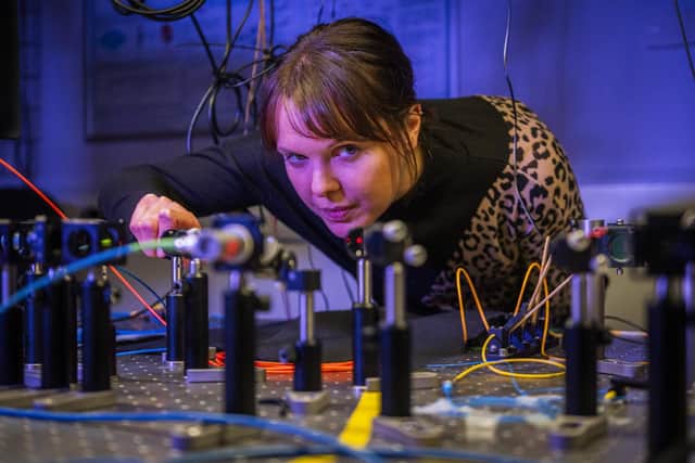 Dr Fiona Fleming optically aligning a quantum sensing system. Picture: Chris Watt Photography/Heriot-Watt University