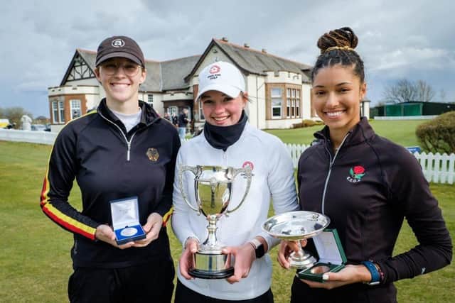 New Scottish Girls' Open champion Rachel Gourley is flanked by the other trophy winners at Irvine Bogside. Picture: Scottish Golf