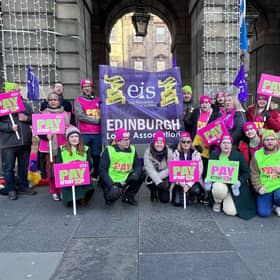 Teachers on strike gather outside Edinburgh City Chambers. Members of Scotland's largest teaching union, the EIS, are also due to take strike action this Thursday, November 24. Picture, Lisa Ferguson