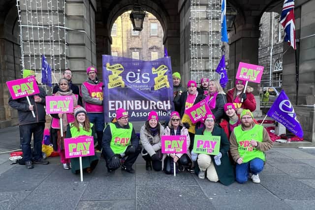 Teachers on strike gather outside Edinburgh City Chambers. Members of Scotland's largest teaching union, the EIS, are also due to take strike action this Thursday, November 24. Picture, Lisa Ferguson