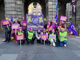 Teachers on strike gather outside Edinburgh City Chambers. Members of Scotland's largest teaching union, the EIS, are also due to take strike action this Thursday, November 24. Picture, Lisa Ferguson
