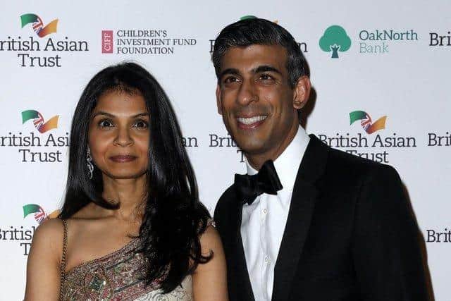 Rishi Sunak and Akshata Murty pose for pictures during a reception to celebrate the British Asian Trust at The British Museum. Photo: TRISTAN FEWINGS/POOL/AFP via Getty Images.