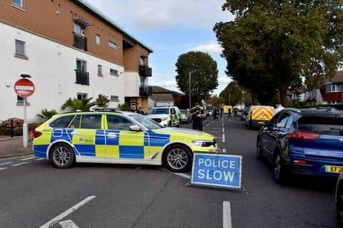 Emergency services at the scene near the Belfairs Methodist Church in Eastwood Road North, Leigh-on-Sea, Essex, where Conservative MP Sir David Amess has reportedly been stabbed several times at a constituency surgery.