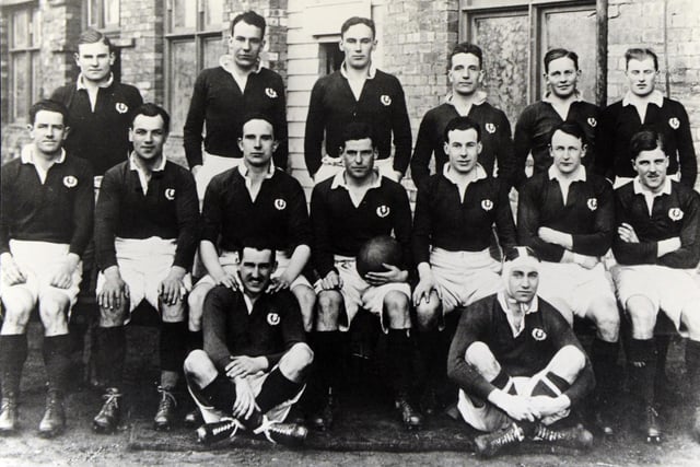 Scotland's 1925 Grand Slam-winning rugby union team are pictured with local man Jimmy Ireland. They beat England in the first ever game at Murrayfield to claim the 
clean sweep of wins.