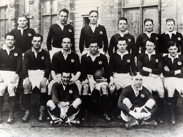 Scotland's 1925 Grand Slam-winning rugby union team are pictured with local man Jimmy Ireland. They beat England in the first ever game at Murrayfield to claim the
clean sweep of wins.