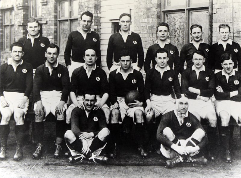Scotland's 1925 Grand Slam-winning rugby union team are pictured with local man Jimmy Ireland. They beat England in the first ever game at Murrayfield to claim the 
clean sweep of wins.