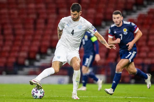 Nir Bitton in action for Israel during a Euro 2020 play off against Scotland on October 8 - the day before his positive test for Covid-19 that has led to him believing it creates unnecessary risks to continue to play international football during the pandemic (Photo by Craig Williamson / SNS Group)