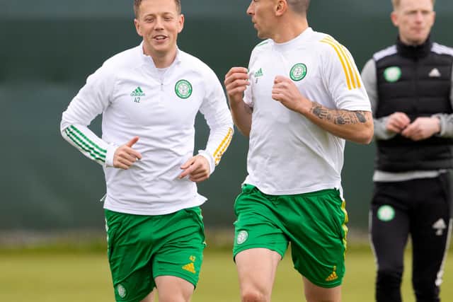 Callum McGregor and Scott Brown share a joke during their last training session together yesterday. (Photo by Alan Harvey / SNS Group)
