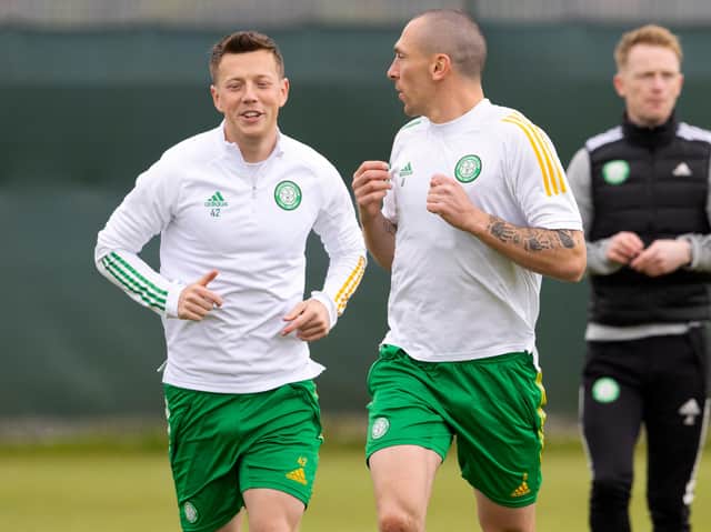 Callum McGregor and Scott Brown share a joke during their last training session together yesterday. (Photo by Alan Harvey / SNS Group)