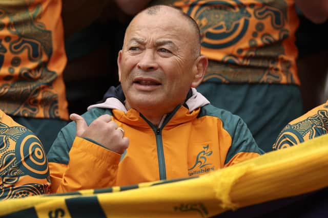 Australia's coach Eddie Jones poses for a team photo during a training session at Brighton Grammar School in Melbourne ahead of the Rugby Championship and 2023 Bledisloe Cup match against New Zealand. (Photo by Martin Keep/AFP via Getty Images)