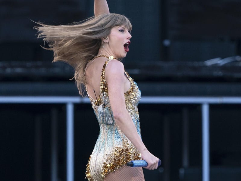 Taylor Swift performs on stage during her Eras Tour at the Murrayfield Stadium in Edinburgh.