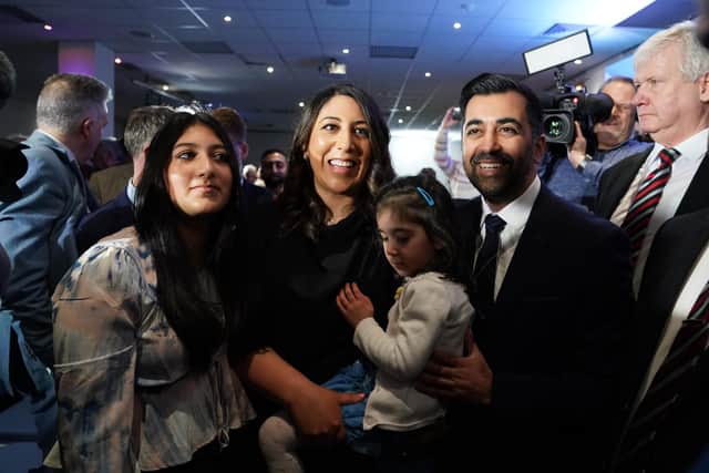 Humza Yousaf with his wife Nadia El-Nakla and family at Murrayfield Stadium in Edinburgh, after it was announced that he is the new Scottish National Party leader, and will become the next First Minister of Scotland.