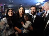 Humza Yousaf with his wife Nadia El-Nakla and family at Murrayfield Stadium in Edinburgh, after it was announced that he is the new Scottish National Party leader, and will become the next First Minister of Scotland.