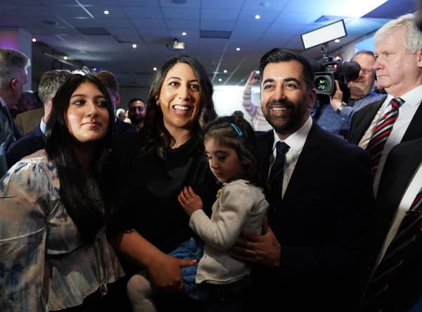 Humza Yousaf with his wife Nadia El-Nakla and family at Murrayfield Stadium in Edinburgh, after it was announced that he is the new Scottish National Party leader, and will become the next First Minister of Scotland.