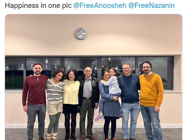 Screengrab of a tweet posted by Elika Ashoori of her father Anoosheh Ashoori and Nazanin Zaghari-Ratcliffe being reunited with their families at RAF Brize Norton, Oxfordshire, after they were freed from detention by Iranian authorities. Issue date: Thursday March 17, 2022.