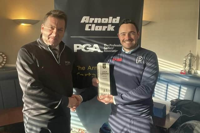 PGA in Scotland manager David Longmuir, left, congratulates Stuart Easton (Mearns Castle Golf Academy) on his victory in the OOM Challenge at West Kilbride. Picture: PGA in Scotland