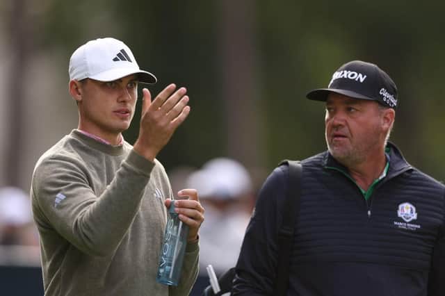 Ludvig Aberg talks to 2012 Ryder Cup player Peter Hanson, who is mentoring him, during the pro-am prior to the BMW PGA Championship at Wentworth Club. Picture: Richard Heathcote/Getty Images.
