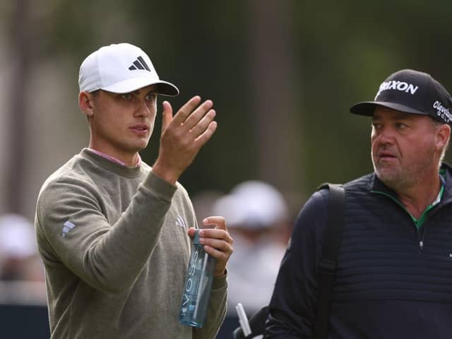 Ludvig Aberg talks to 2012 Ryder Cup player Peter Hanson, who is mentoring him, during the pro-am prior to the BMW PGA Championship at Wentworth Club. Picture: Richard Heathcote/Getty Images.