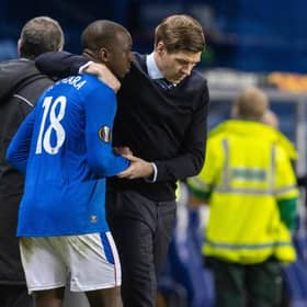 Rangers manager Steven Gerrard with a visibly upset Glen Kamara after the Europa League match against Slavia Prague at Ibrox on Thursday night. (Photo by Alan Harvey / SNS Group)