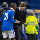 Rangers manager Steven Gerrard with a visibly upset Glen Kamara after the Europa League match against Slavia Prague at Ibrox on Thursday night. (Photo by Alan Harvey / SNS Group)