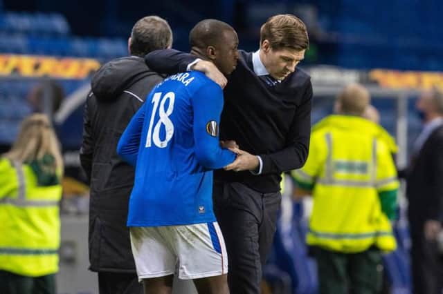 Rangers manager Steven Gerrard with a visibly upset Glen Kamara after the Europa League match against Slavia Prague at Ibrox on Thursday night. (Photo by Alan Harvey / SNS Group)