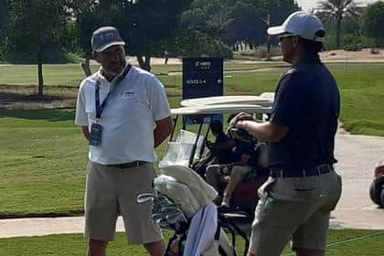 Jose Maria Olazabal, a winning Ryder Cup captain in 2012 and invited along to the Hero Cup by current European captain Luke Donald, talks to Ewen Ferguson at Abu Dhabi Golf Club. Picture: National World.