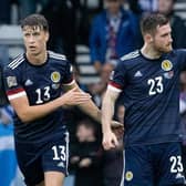 Anthony Ralston (R) celebrates making it 1-0 during a UEFA Nations League match between Scotland and Armenia with Jack Hendry. (Photo by Alan Harvey / SNS Group)