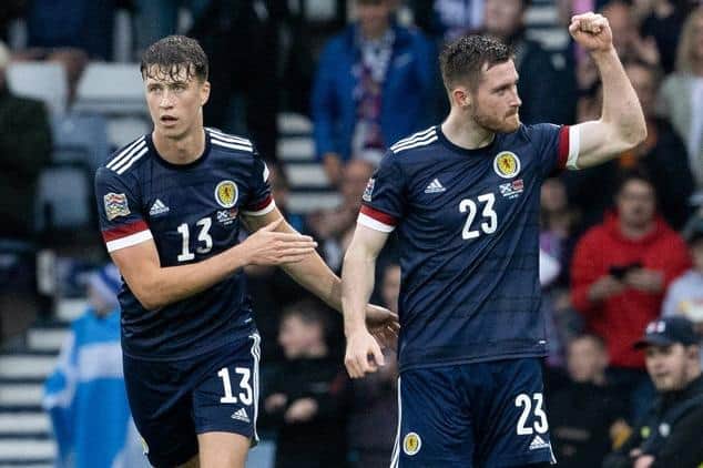 Anthony Ralston (R) celebrates making it 1-0 during a UEFA Nations League match between Scotland and Armenia with Jack Hendry. (Photo by Alan Harvey / SNS Group)