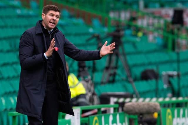 Rangers manager Steven Gerrard gives instructions to his players during their 2-0 win at Celtic Park on October 17 last year. (Photo by Alan Harvey / SNS Group)