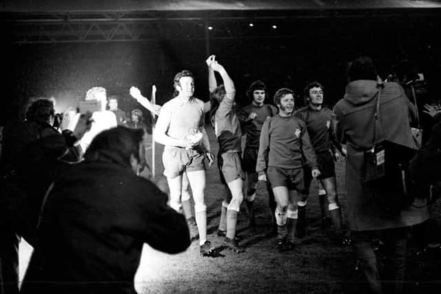 Peter McCloy and his Rangers team-mates celebrate at full-time after beating Bayern Munich 2-0 at Ibrox to reach the 1972 European Cup Winners' Cup Final. (Photo by SNS Group).