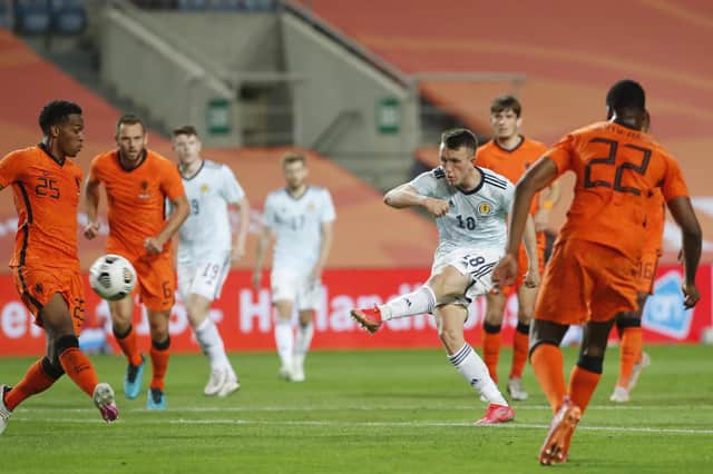 Scotland's David Turnbull shoots on goal during the international friendly match against the Netherlands at the Algarve stadium outside Faro, Portugal (AP Photo/Miguel Morenatti)