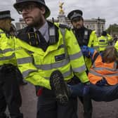 A 'Just Stop Oil' protester is removed by police after blocking the Mall outside Buckingham Palace.