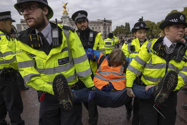 A 'Just Stop Oil' protester is removed by police after blocking the Mall outside Buckingham Palace.
