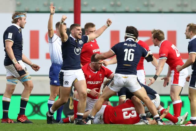 Scotland celebrate a penalty during the win in Wales, their first since 2002. (Photo by David Rogers/Getty Images)
