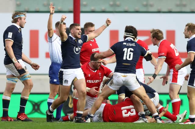Scotland celebrate a penalty during the win in Wales, their first since 2002. (Photo by David Rogers/Getty Images)