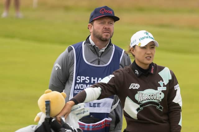 Australian Minjee Lee weighs up a shot with her caddie in the second round of the ISPA HANDA Women's Scottish Open at Dundonald Links. Picture: Tristan Jones/LET