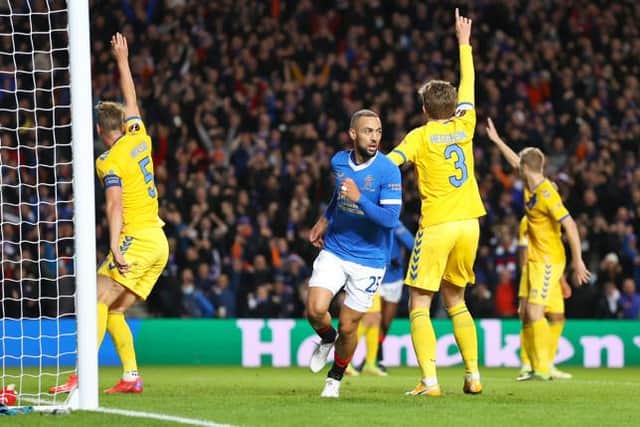 Kemar Roofe gives Rangers a 2-0 lead with the goal being given after a VAR review during the UEFA Europa League match against Brondby at Ibrox. (Photo by Craig Williamson / SNS Group)