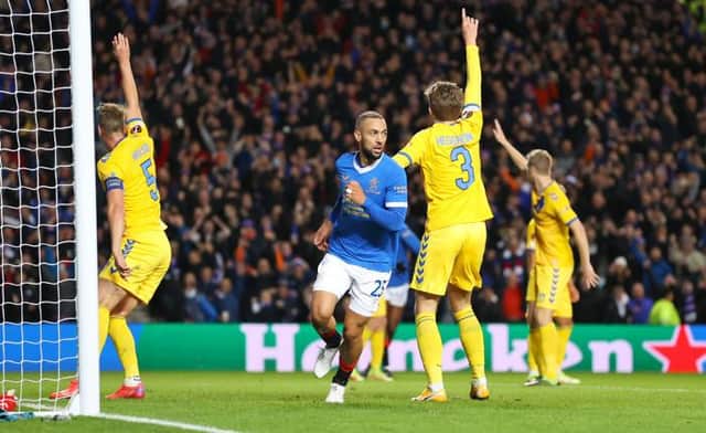 Kemar Roofe gives Rangers a 2-0 lead with the goal being given after a VAR review  during the UEFA Europa League match against Brondby at Ibrox. (Photo by Craig Williamson / SNS Group)
