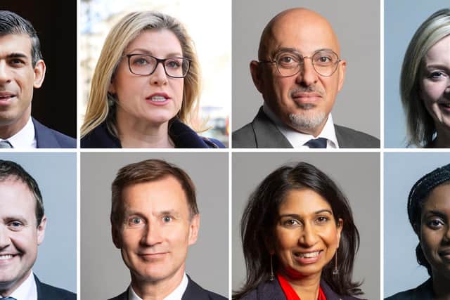 The original eight candidates in the Conservative Party leadership race, (top row left to right), Rishi Sunak, Penny Mordaunt, Nadhim Zahawi, and Liz Truss, (bottom row left to right) Tom Tugendhat, Jeremy Hunt, Suella Braverman and Kemi Badenoch.