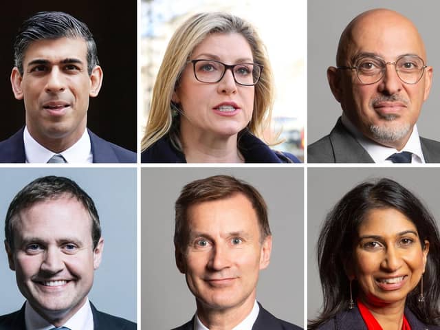 The original eight candidates in the Conservative Party leadership race, (top row left to right), Rishi Sunak, Penny Mordaunt, Nadhim Zahawi, and Liz Truss, (bottom row left to right) Tom Tugendhat, Jeremy Hunt, Suella Braverman and Kemi Badenoch.