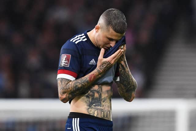 Scotland's Lyndon Dykes after missing his penalty against Israel. (Photo by Craig Foy / SNS Group)