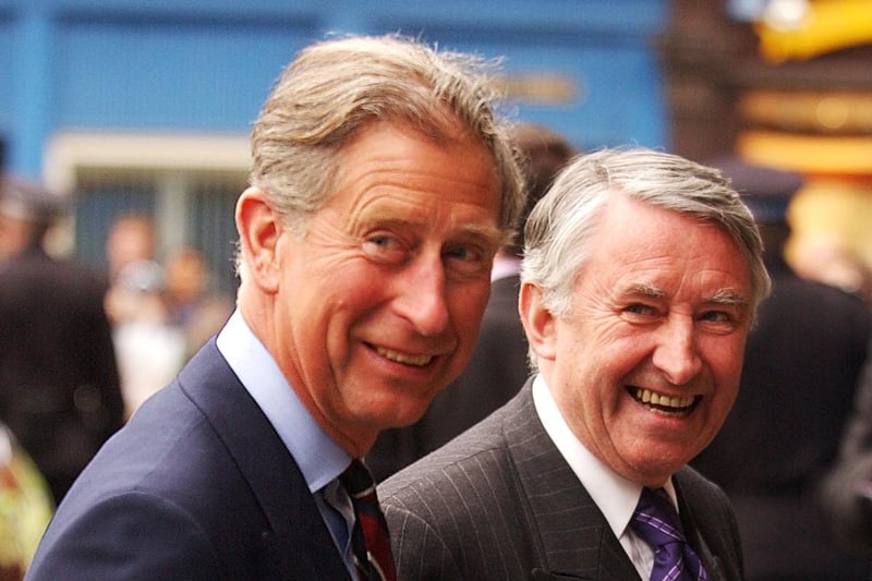 Prince Charles outside St Giles' Cathedral with Sir David Steel before the ceremony of the Kirking of the Scottish Parliament in May 2003.