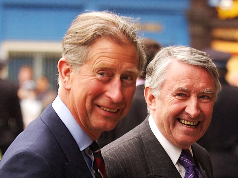 Prince Charles outside St Giles' Cathedral with Sir David Steel before the ceremony of the Kirking of the Scottish Parliament in May 2003.