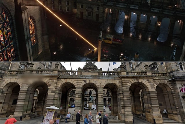 Wanda's flight is short-lived, however, dragging Vision through the top of a building and then landing in the courtyard of the City Chambers. They speak briefly before once again being attacked and separated again.