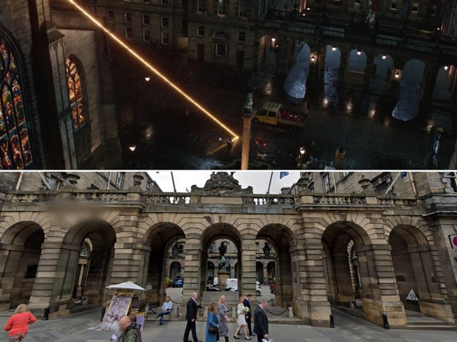 Wanda's flight is short-lived, however, dragging Vision through the top of a building and then landing in the courtyard of the City Chambers. They speak briefly before once again being attacked and separated again.